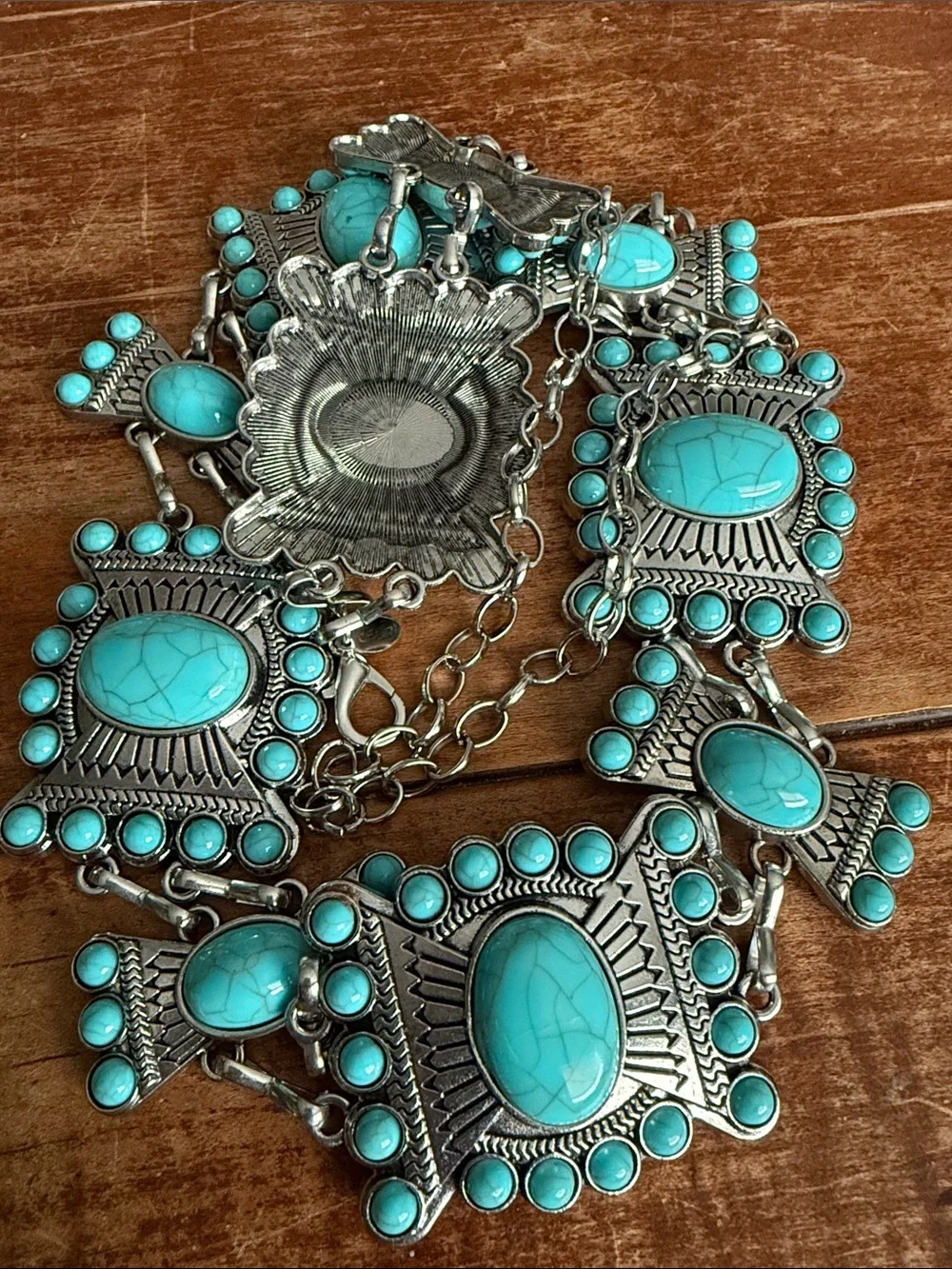 Turquoise Stone Statement Chain Belt- Silver-Tone Accents